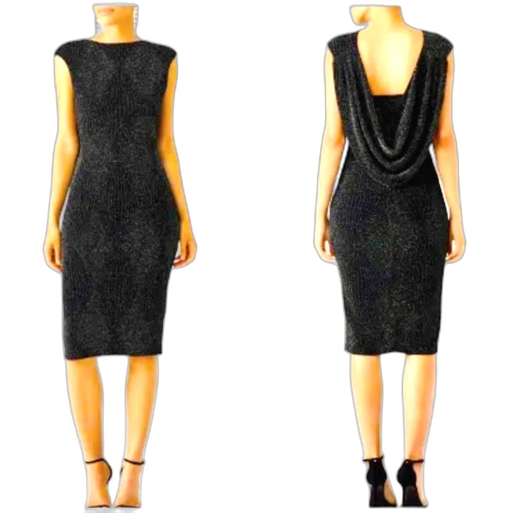Shoshanna Shimmering Chevron Dress Black Metallic Cowl Back Stretchy Lined 10